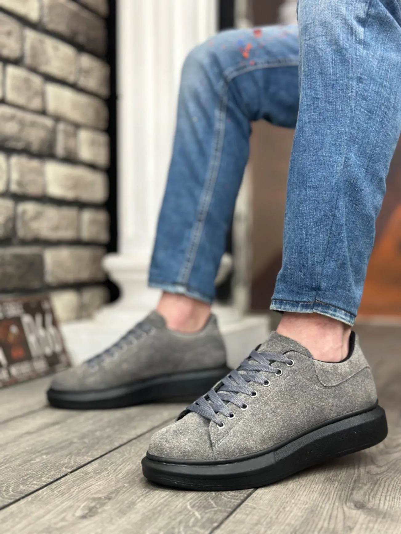 BA0547 Thick High Sole Gray Black Suede Lace-Up Sports Men's Sneakers Shoes
