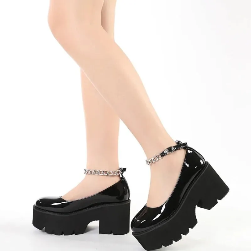 Black Glossy Chain Buckle Closed Toe Platform Heel Sneakers