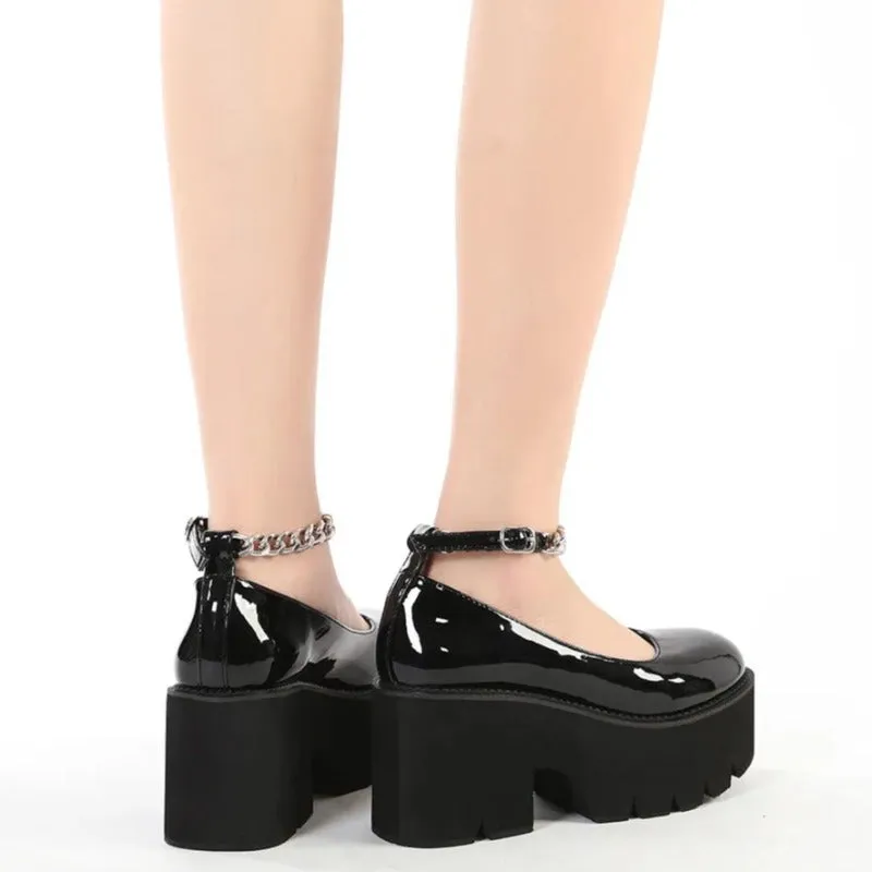 Black Glossy Chain Buckle Closed Toe Platform Heel Sneakers