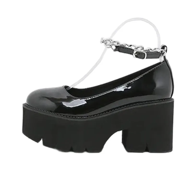Black Glossy Chain Buckle Closed Toe Platform Heel Sneakers