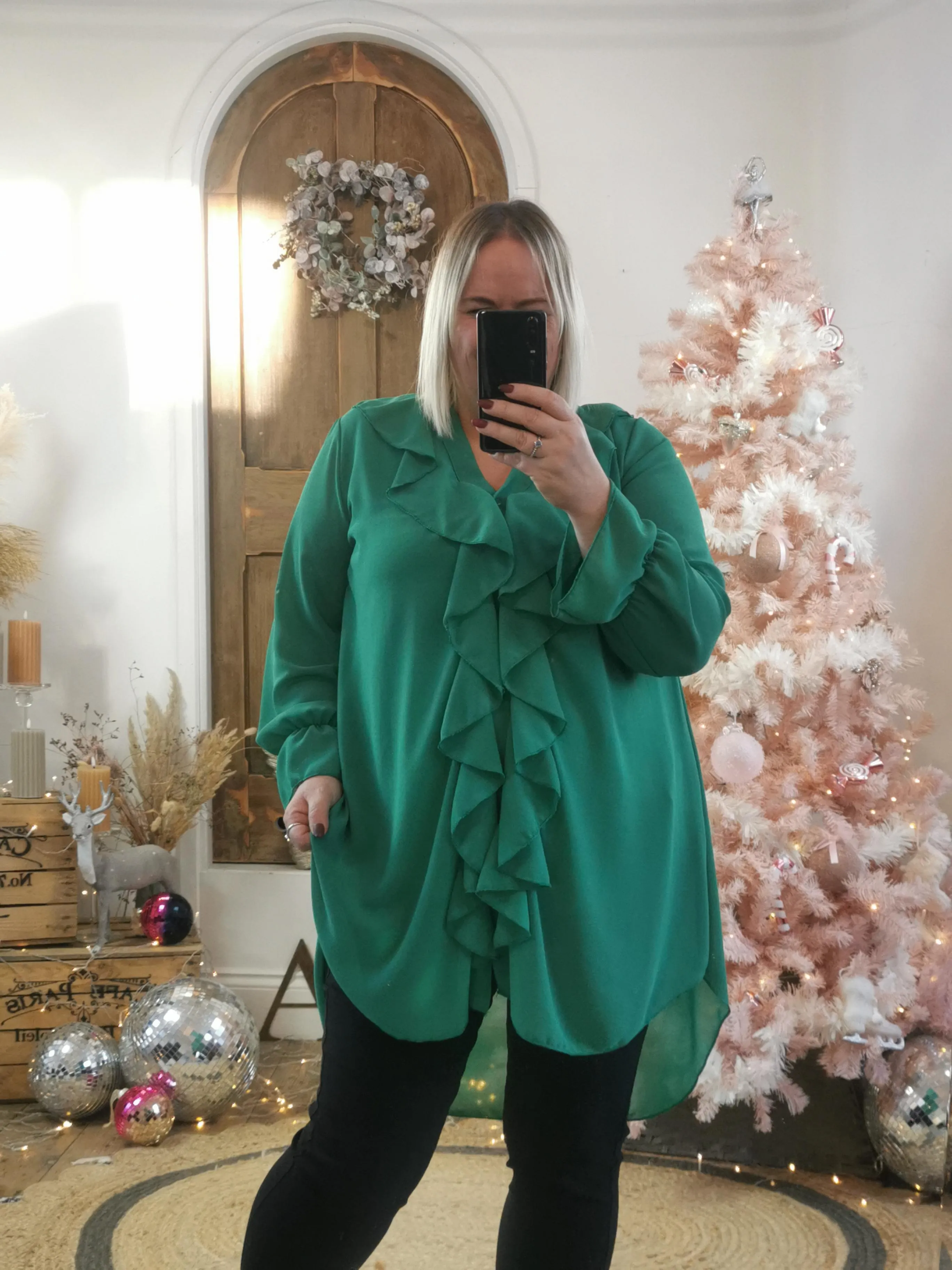 Jade Green Livia Sheer Ruffle Trim Oversized Shirt