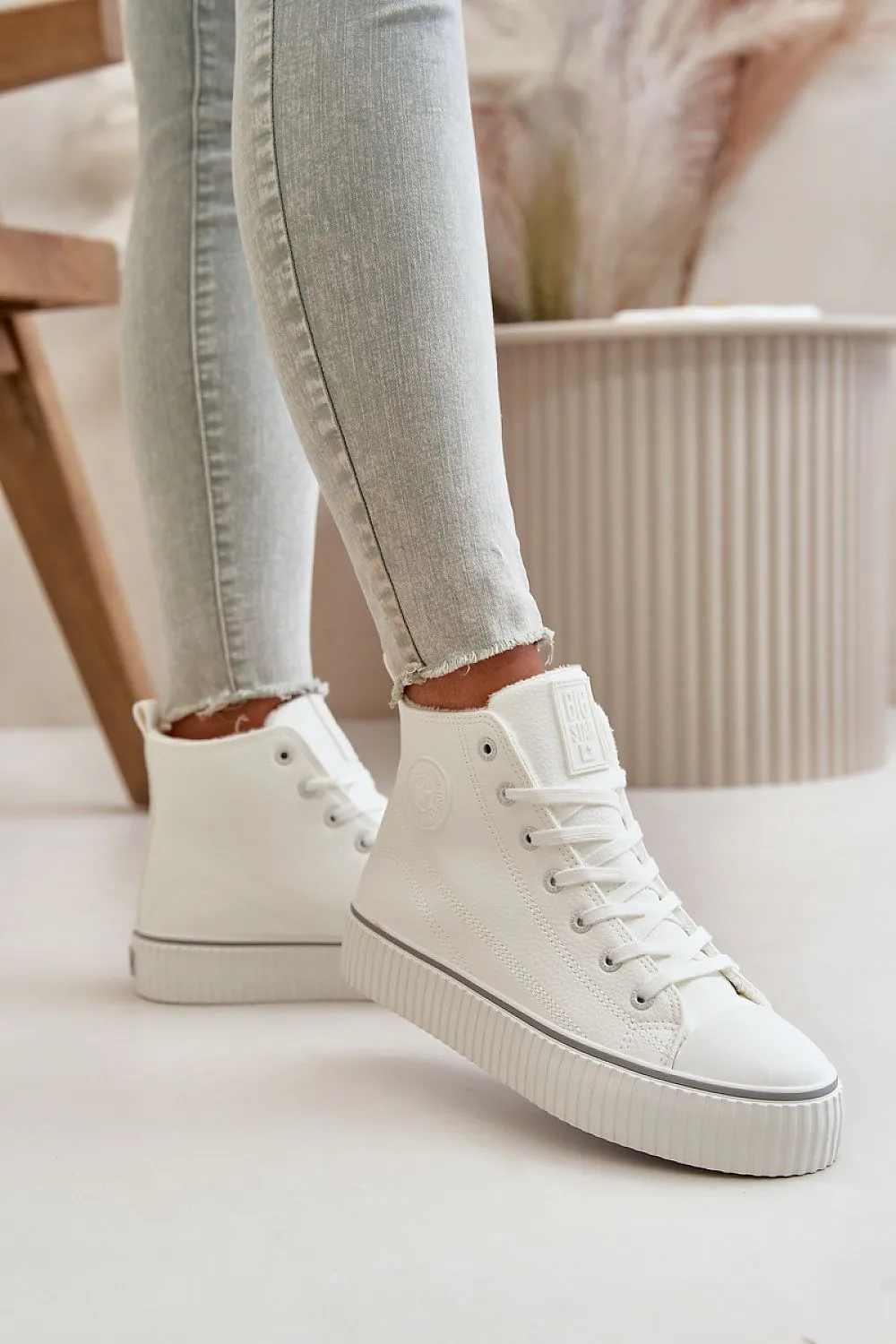 Laced ankle eco-leather sneakers