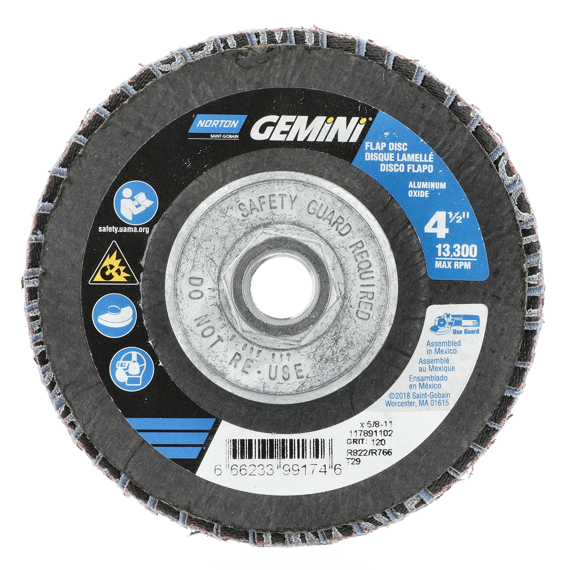 Norton 4-1/2 x 5/8 - 11 In. Gemini Fiberglass Conical Flap Disc T29 P120 Grit R766 ZA 10 Count