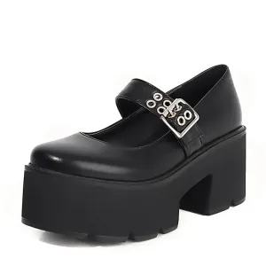 Solid Color Glossy Leather Grommet Buckle Closed Toe Platform Heel Sneakers