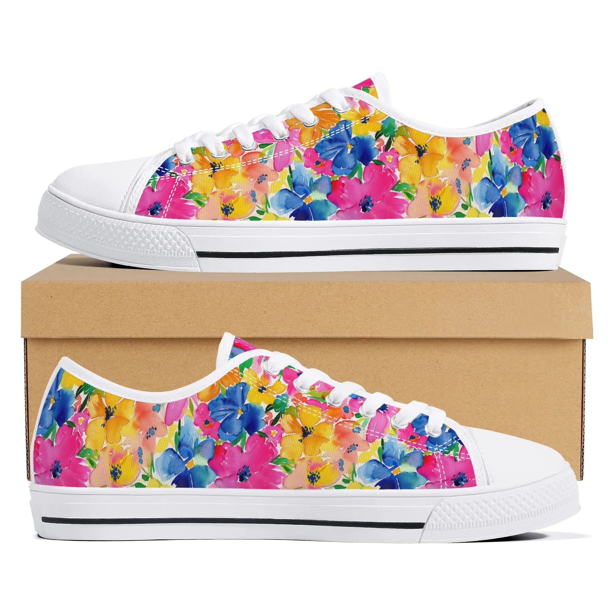 Springtime Kaleidoscope: Multi-color Watercolor Blossoms in Bloom Womens Low Top Canvas Sneakers US5.5 - US12
