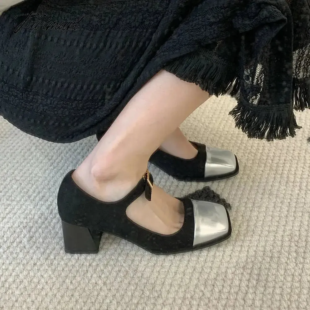 TAVIMART  Vintage Square Toe Women Mary Jane Shoes Women Fashion Shallow Thick Heel Shoes Ladies Elgant Street Style Pumps