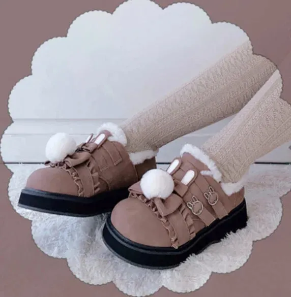 Uniwim Winter kawaii girl sweet lolita shoes vintage round head plus cashmere keep warm women shoes cute bowknot kawaii loli snow boots