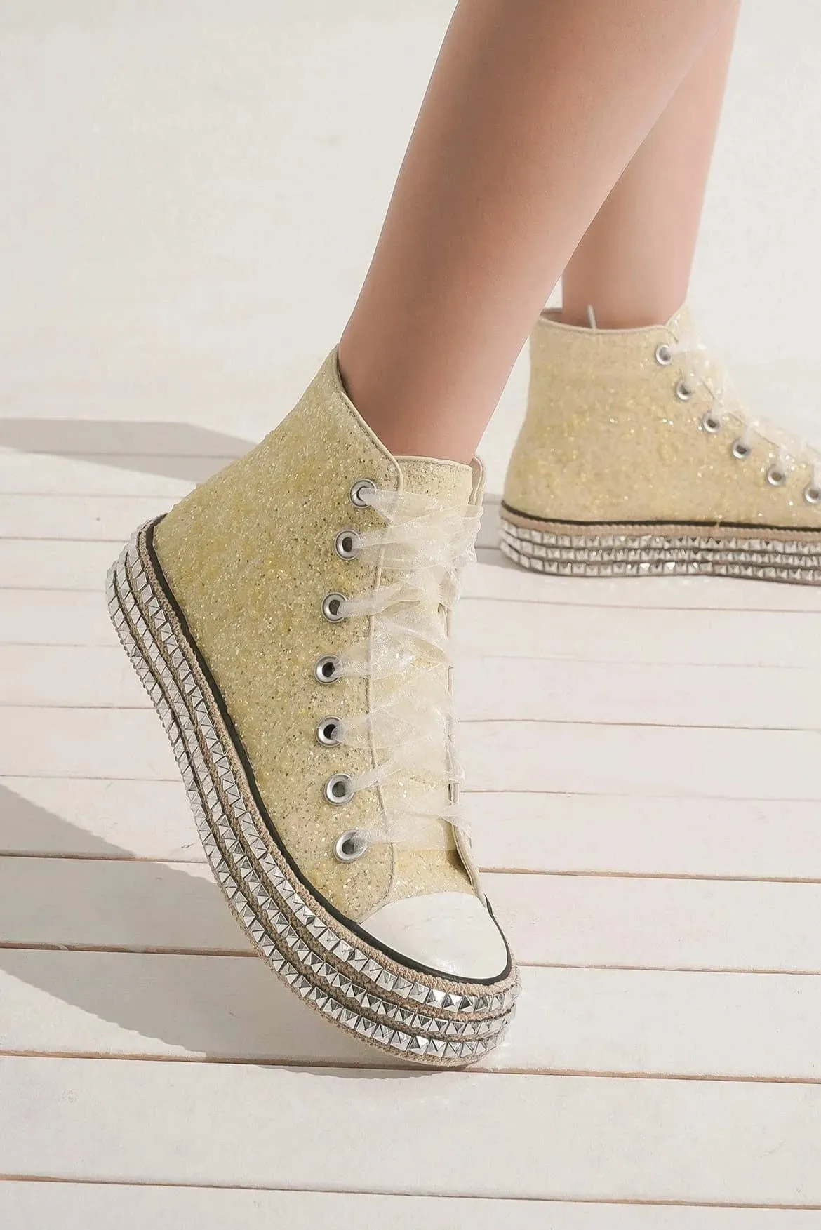 White Glitter Studded Lace-Up Platform Sneakers