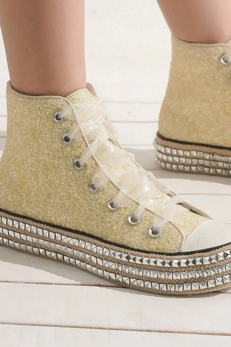 White Glitter Studded Lace-Up Platform Sneakers