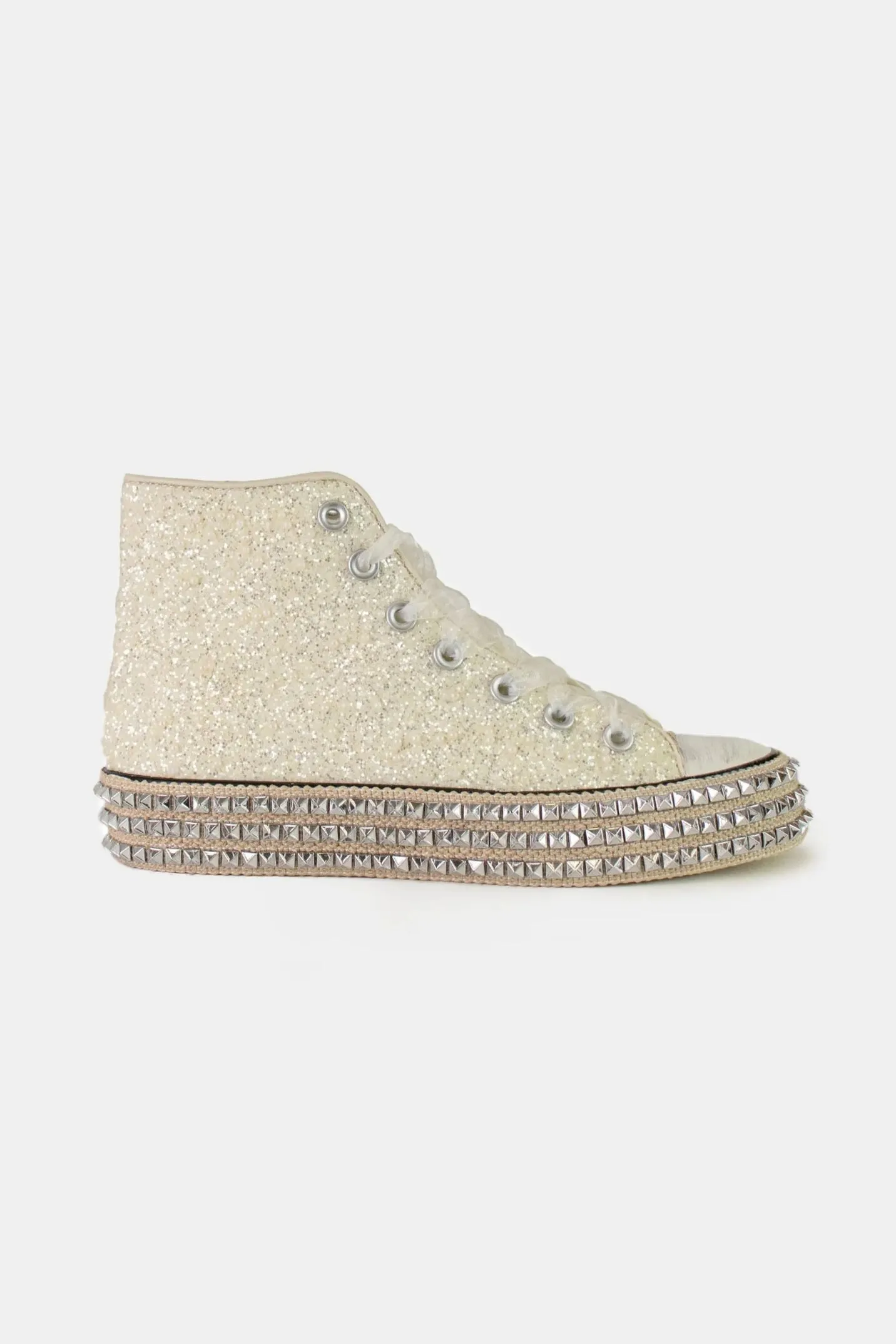 White Glitter Studded Lace-Up Platform Sneakers