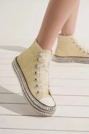 White Glitter Studded Lace-Up Platform Sneakers