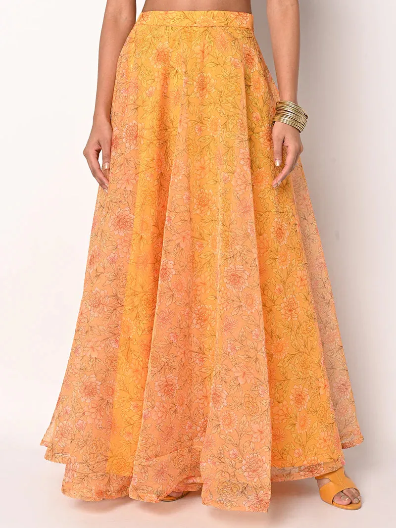 Yellow Printed Organza Lehenga Choli Set