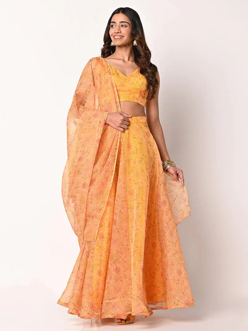 Yellow Printed Organza Lehenga Choli Set