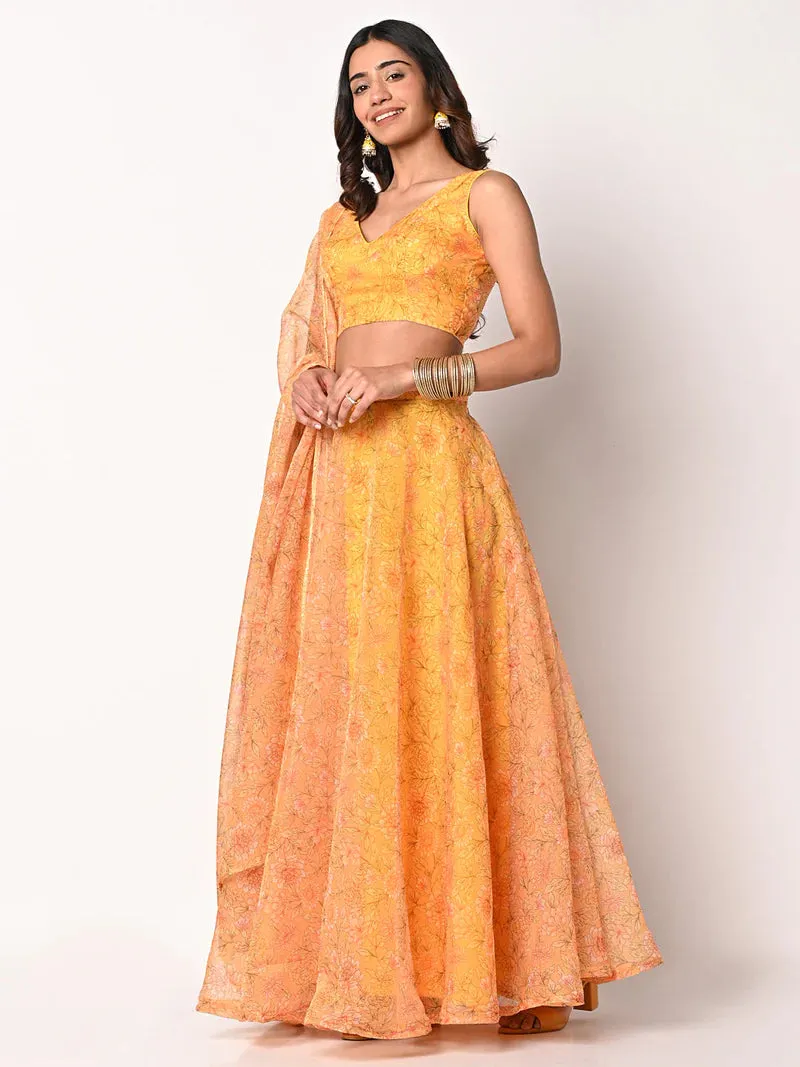 Yellow Printed Organza Lehenga Choli Set