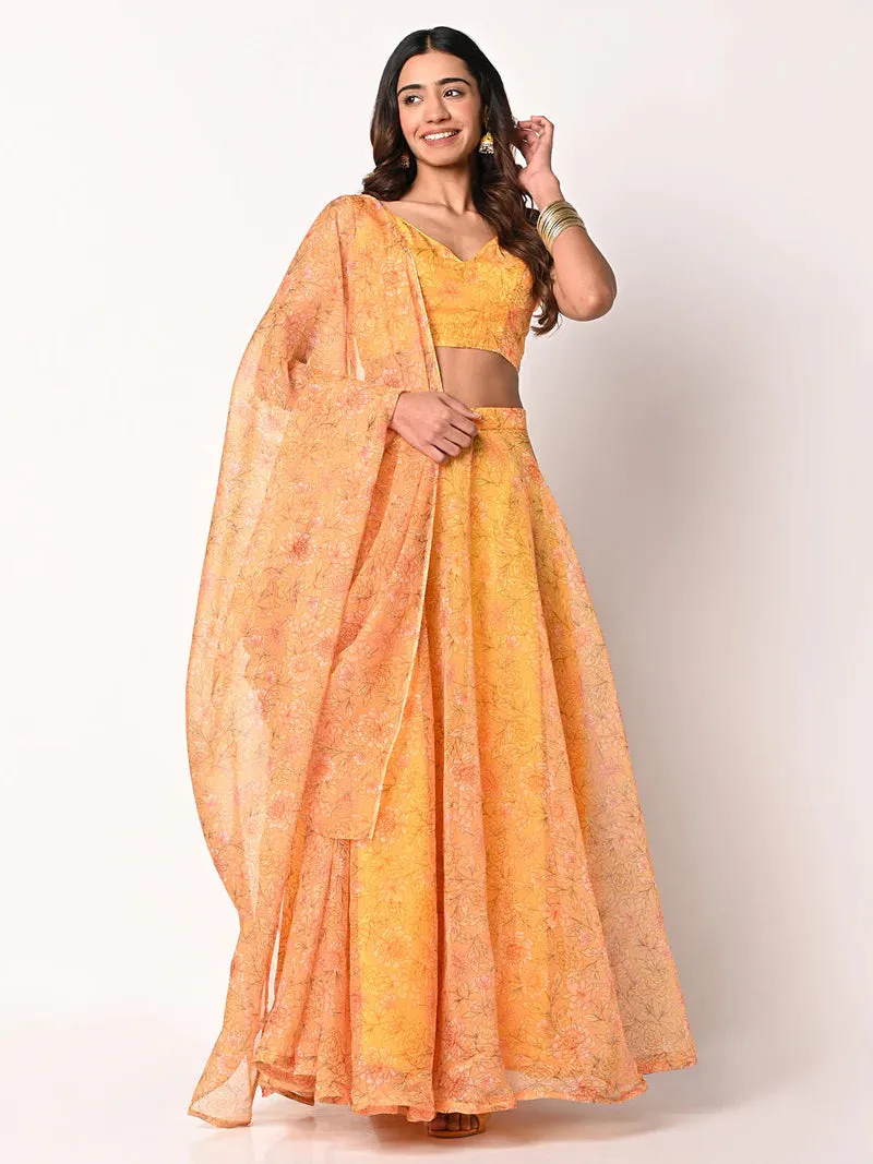 Yellow Printed Organza Lehenga Choli Set