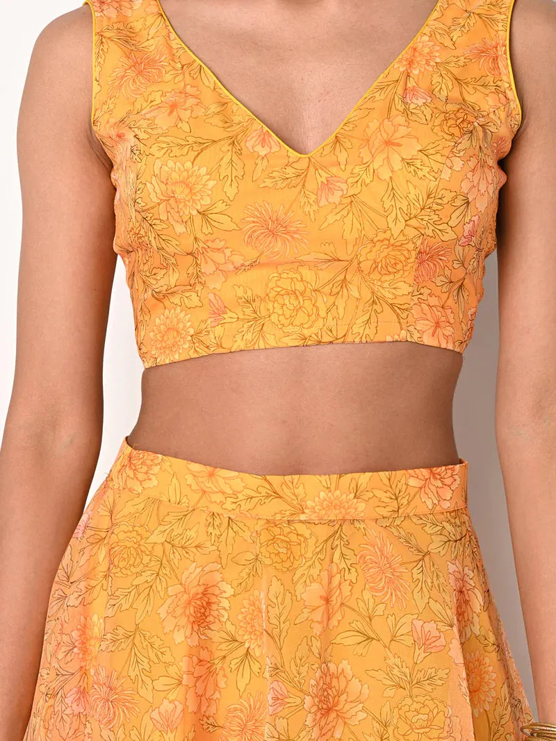Yellow Printed Organza Lehenga Choli Set