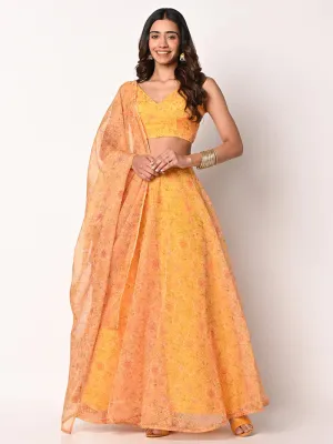 Yellow Printed Organza Lehenga Choli Set